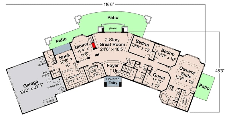 Plan 720181DA: Contemporary Mediterranean House Plan with 4 Bedrooms and Two-Story Great Room - Floor Plan - Main Level - Contemporary, Mediterranean, Southwest