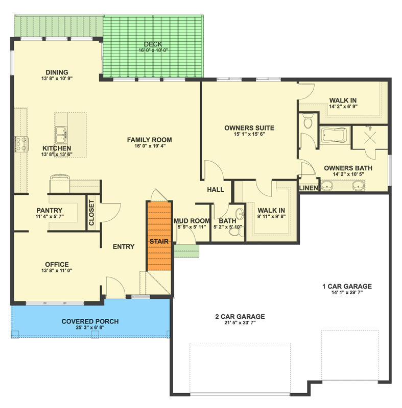 Plan 61747UT: Modern Farmhouse House Plan with 4 Beds, First-Floor Master, and 3-Car Garage - Floor Plan - Main Level - Craftsman, Farmhouse, Modern Farmhouse, Traditional