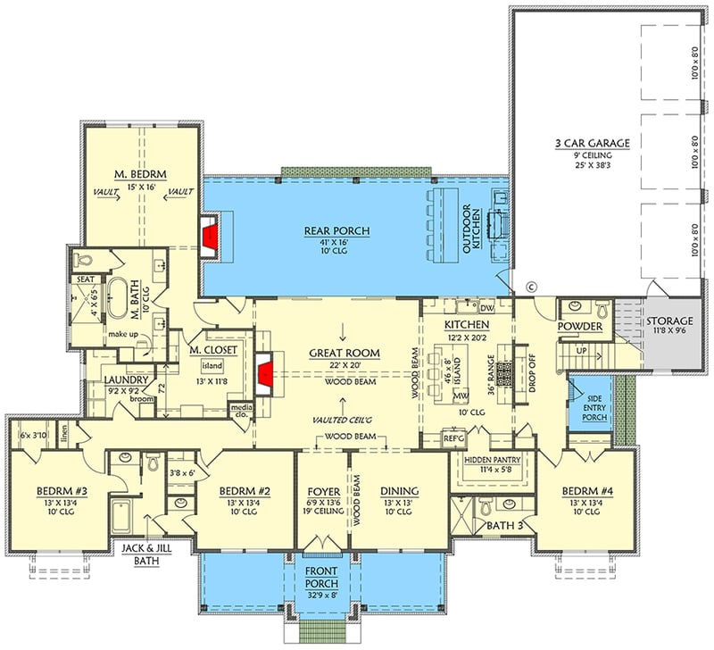Plan 56570SM: Modern Farmhouse House Plan with 4 Beds, 3-Car Garage, and Outdoor Kitchen - Floor Plan - Main Level - Craftsman, Modern Farmhouse, New American, Transitional