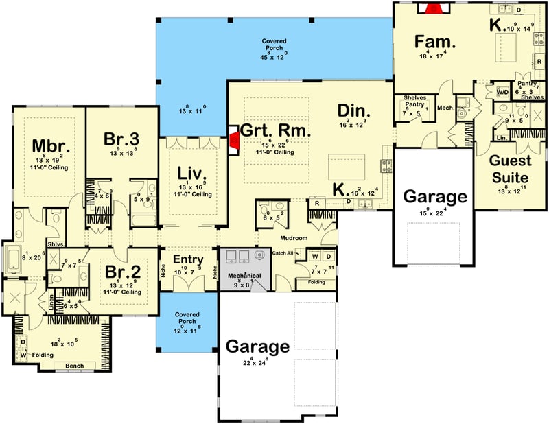 Plan 623637DJ: Contemporary Modern Farmhouse House Plan with 4 Beds and In-Law Suite - Floor Plan - Main Level - Contemporary, Modern Farmhouse