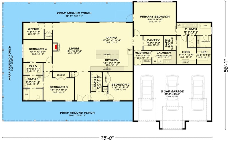 Plan 850031PKE: Contemporary 4-Bedroom House Plan with Wraparound Porch and 3-Car Garage - Floor Plan - Main Level - Contemporary, Modern