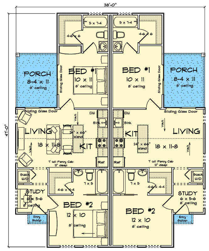 Plan 52547WM: Country Duplex House Plan with 4 Bedrooms and Split Living - Floor Plan - Main Level - Country, Traditional