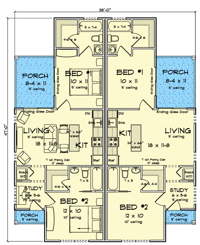 Plan 52548WM: Charming Modern Cottage Duplex House Plan with 4 Bedrooms and Large Rear Porch - Floor Plan - Main Level - Cottage, Modern, Traditional