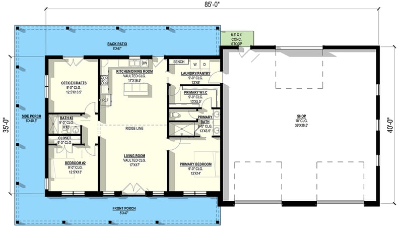 Plan 405145FDC: Spacious Barndominium House Plan with Wraparound Porch and 3-Car Garage - Floor Plan - Main Level - Barndominium, Farmhouse