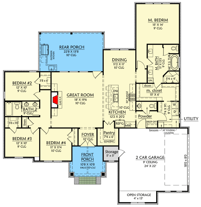 Plan 56571SM: Modern Farmhouse House Plan with 4 Beds and 2-Car Garage - Floor Plan - Main Level - Craftsman, Modern Farmhouse, New American