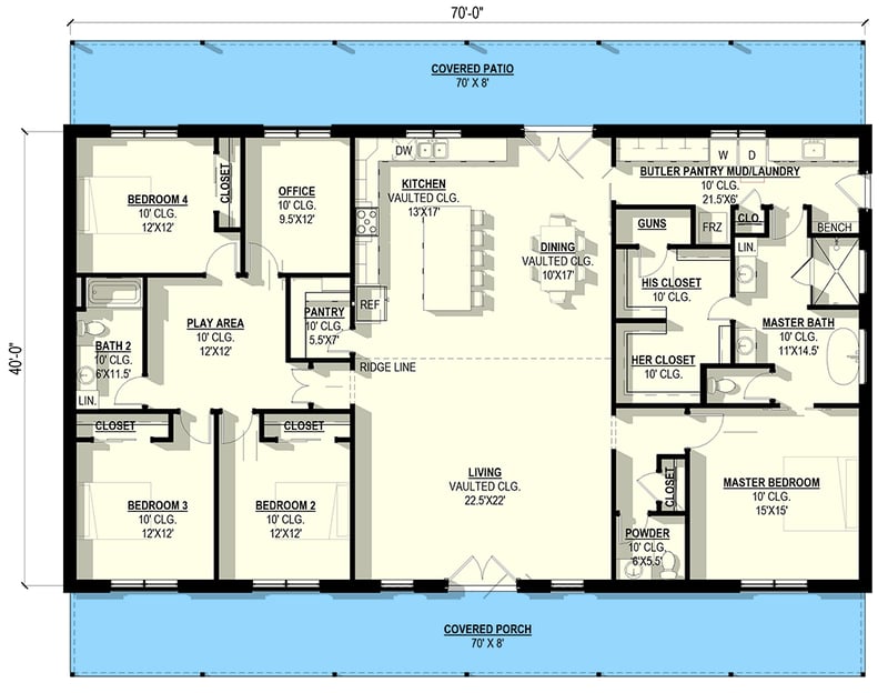 Plan 405149FDC: Spacious 4-Bedroom Barndominium Farmhouse House Plan with Covered Porches - Floor Plan - Main Level - Barndominium, Farmhouse