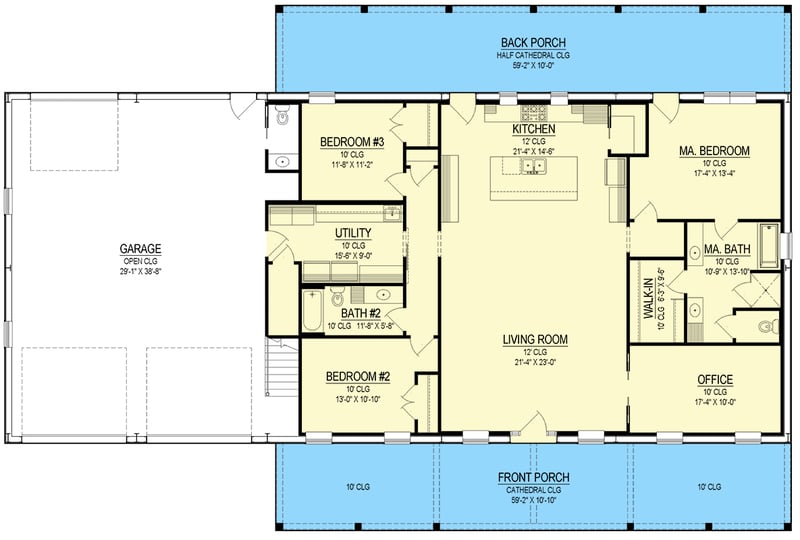 Plan 170017ADS: Modern Barndominium House Plan with Home Office and 2-Car Garage - Floor Plan - Main Level - Barndominium, Farmhouse