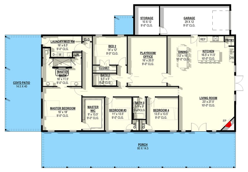 Plan 405155FDC: Barndominium Farmhouse House with 4 Bedrooms and Covered Patio - Floor Plan - Main Level - Barndominium, Farmhouse