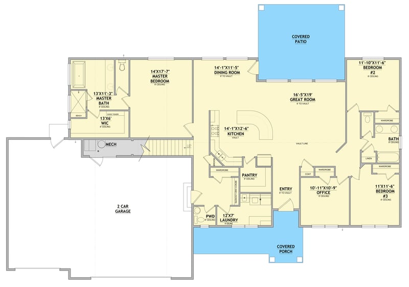 Plan 849084PGE: Craftsman Ranch House Plan with Split Bedrooms and 3-Car Garage - Floor Plan - Main Level - Craftsman, Ranch, Traditional