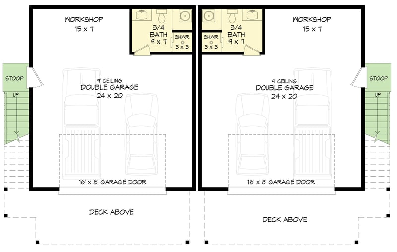 Plan 680664VR: Modern Duplex House Plan with 2 Bedrooms, Deck, and Two-Car Garage - Floor Plan - Main Level - Contemporary, Modern