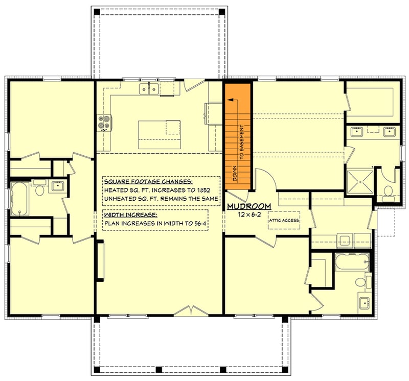 Plan 52041HZ: Country Farmhouse House Plan with 4 Beds, 3 Baths, and Dual Porches - Floor Plan - Main Level - Basement Stairs Location - Country, Farmhouse, Traditional
