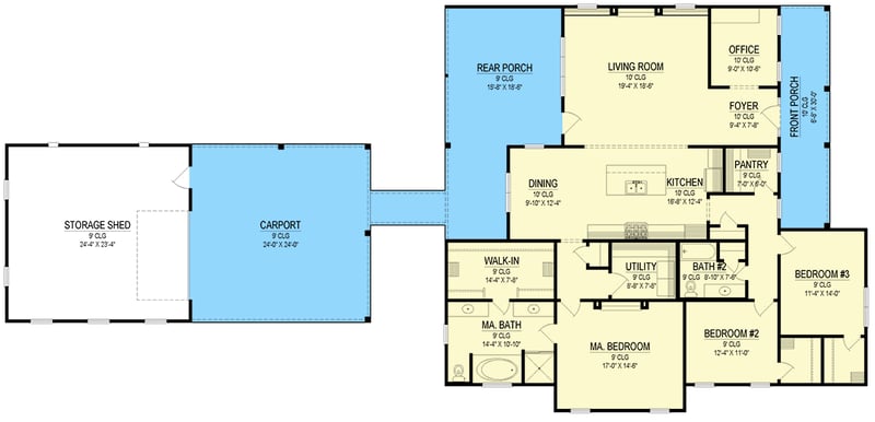 Plan 170019ADS: Modern Farmhouse House Plan with Workshop and 2-Car Carport - Floor Plan -  - Modern Farmhouse, New American