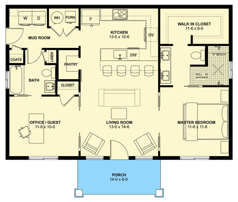 Plan 67852MG: Two-Bedroom Modern Farmhouse Plan with Office or Guest Space - Floor Plan -  - Barndominium, Contemporary, Modern Farmhouse