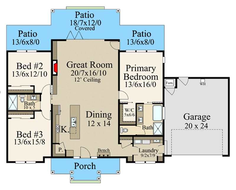 Plan 85477MS: European 3 Bedroom House Plan with Split Layout and Covered Patio - Floor Plan -  - European, French Country, Transitional