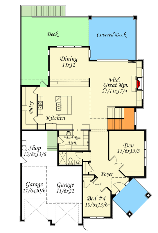 Plan 85484MS: Expansive 4-Bedroom Tudor Craftsman House Plan with Den and Workshop - Floor Plan - Main Level - Craftsman, Northwest, Tudor