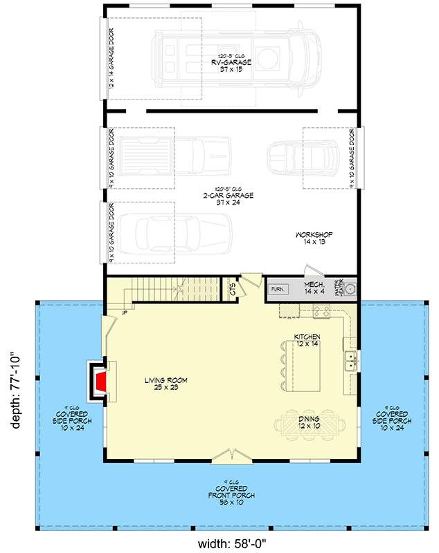 Plan 680675VR: Modern Farmhouse Barndominium House Plan with RV Garage and Wraparound Porch - Floor Plan -  - Barndominium, Farmhouse