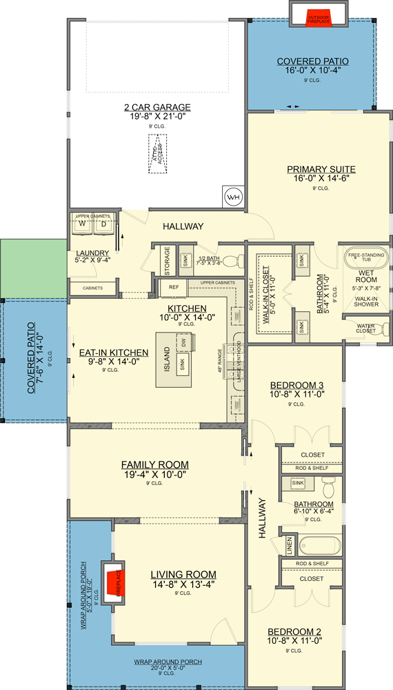 Plan 820017WSF: Transitional 3-Bedroom Modern Farmhouse with Wrap Around Porch and Outdoor Fireplace - Floor Plan -  - Cottage, Country, Modern, Modern Farmhouse, Transitional