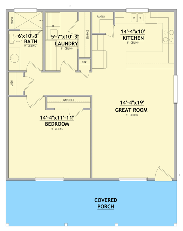 Plan 849091PGE: 900 Sq Ft Cottage ADU House Plan with Covered Porch - Floor Plan -  - Cottage, Vacation