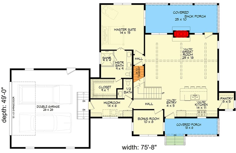 Plan 680680VR: Country Farmhouse House Plan with Main Level Master and Bonus Room - Floor Plan -  - Country, Farmhouse