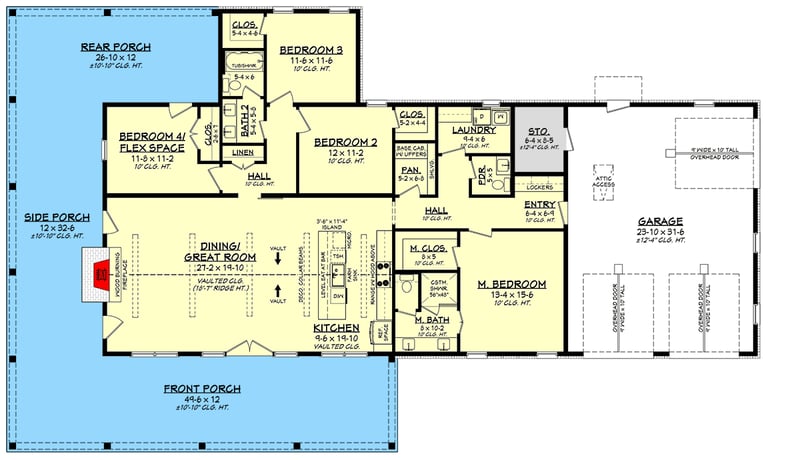 Plan 52043HZ: Modern Barndominium House Plan with Wraparound Porch and Vaulted Great Room - Floor Plan -  - Barndominium, Country, Farmhouse, Southern