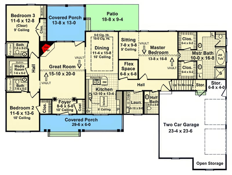Plan 51386MM: Country Ranch House Plan with 3 Beds, 2-Car Garage, and Bonus - Floor Plan - Main Level - Country, Ranch, Traditional