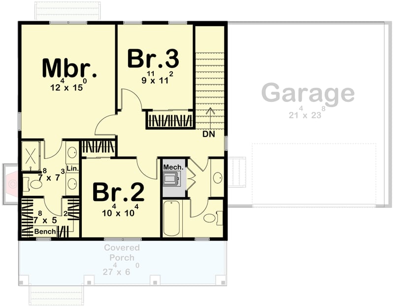 Plan 623644DJ: 3-Bedroom Traditional Farmhouse House Plan with 2-Car Garage - Floor Plan - Second Floor - Basement Option - Farmhouse, Traditional