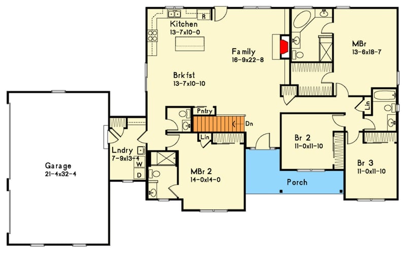 Plan 22197SL: Traditional Ranch House Plan with 4 Bedrooms and Two Master Suites - Floor Plan - - Ranch, Traditional