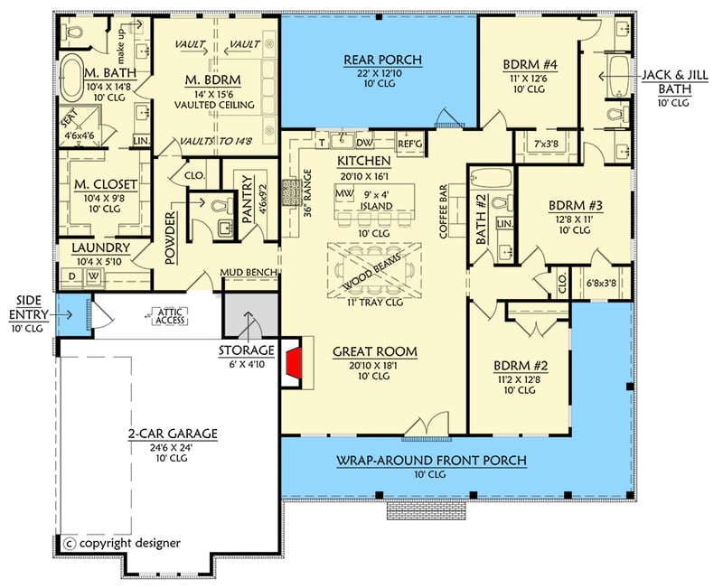 Plan 56572SM: Spacious Modern Farmhouse House Plan with 4 Bedrooms and Wraparound Porch - Floor Plan - - Country, Farmhouse, Modern Farmhouse