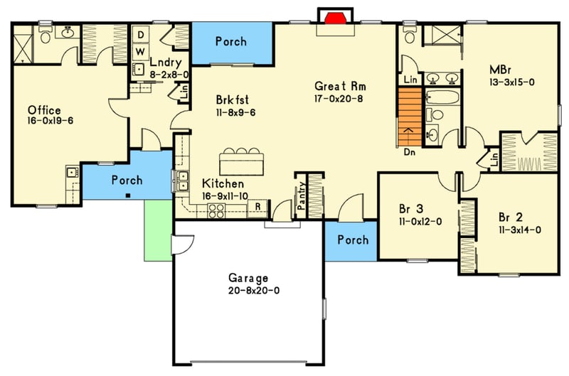 Plan 22198SL: Traditional Ranch House Plan with 3 Bedrooms and Home Office - Floor Plan - - Ranch, Traditional