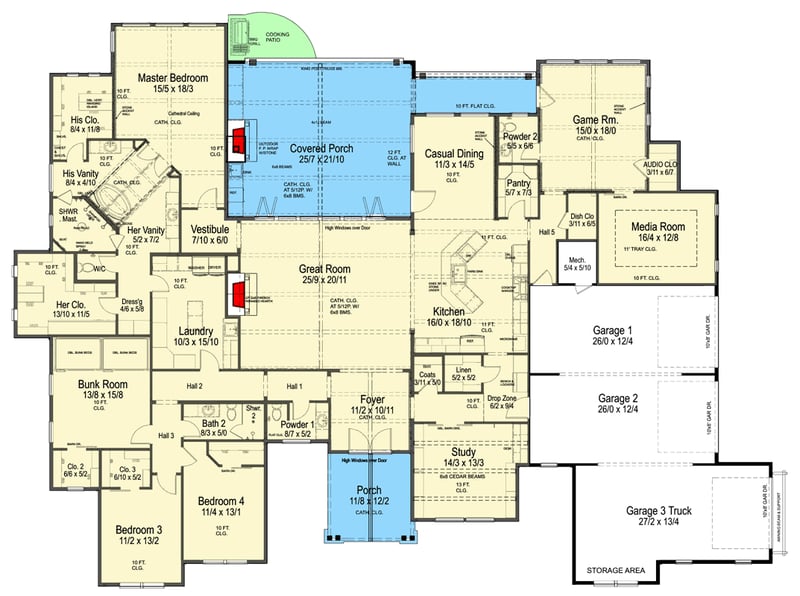 Plan 54057LK: Expansive Modern Hill Country House Plan with 4 Beds and Outdoor Kitchen - Floor Plan - - European, Hill Country, Modern Farmhouse, Ranch, Transitional