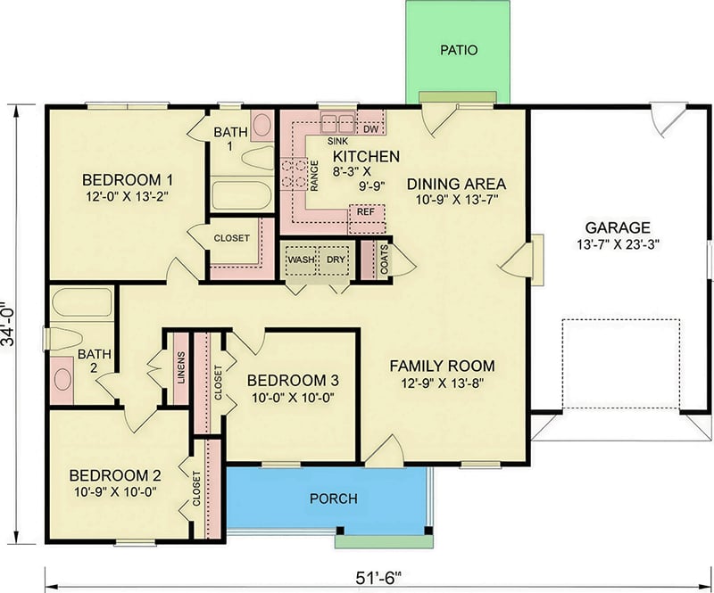 Plan 25957GE: Three Bedroom Country Ranch House Plan with One Car Garage - Floor Plan - - Country, Ranch, Traditional