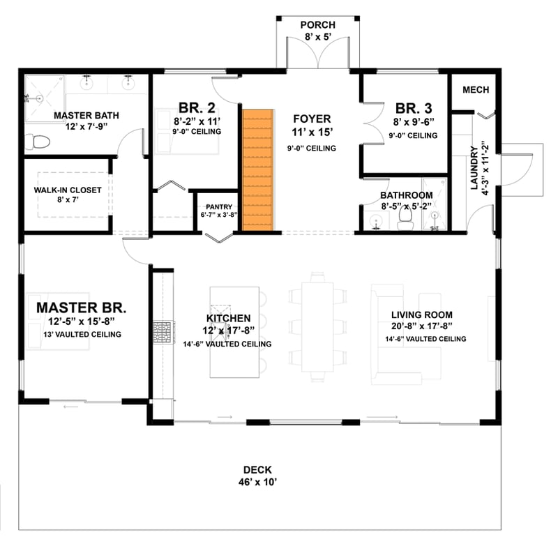 Plan 337013JUN: Modern 3 Bed 3 Bath 1540 Sq Ft Contemporary House Plan with Vaulted Ceilings - Floor Plan - Optional Basement Stairs Location - Contemporary, Mid Century Modern, Modern, Mountain