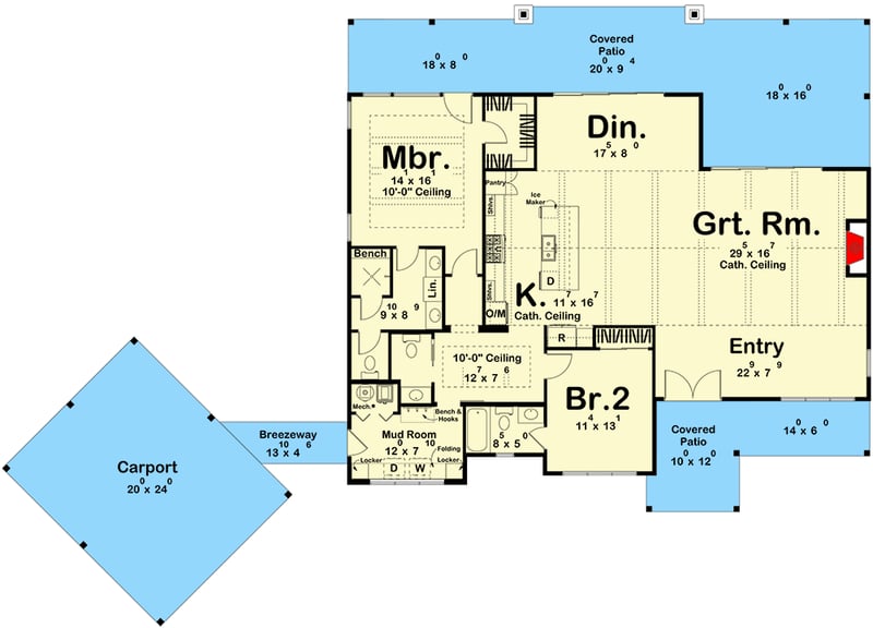 Plan 623646DJ: Modern Lake House Plan with Carport and Walkout Lower Level - Floor Plan - Main Level - Slab Option - Farmhouse