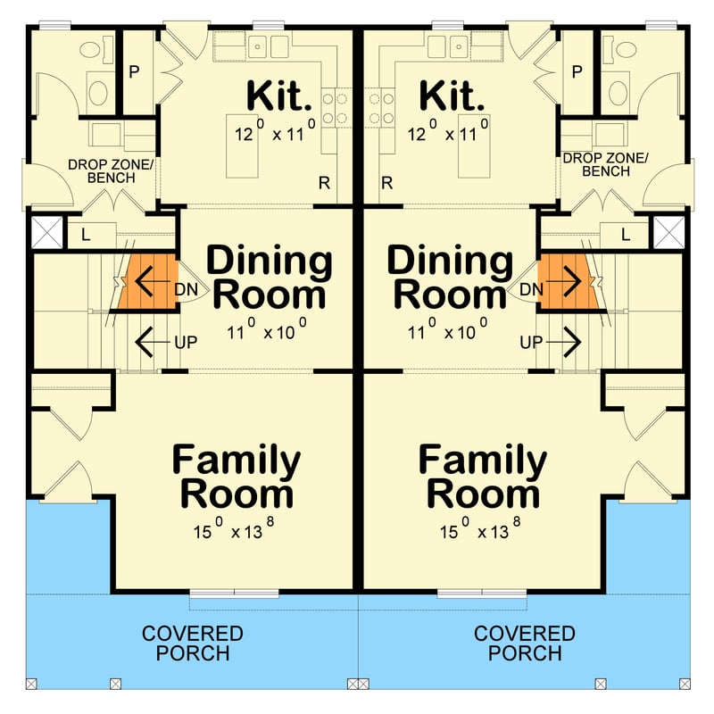 Plan 42753DB: Modern Farmhouse Duplex House Plan with 3 Bed Units and 1434 Sq Ft - Floor Plan -  - Farmhouse, Modern Farmhouse, Traditional