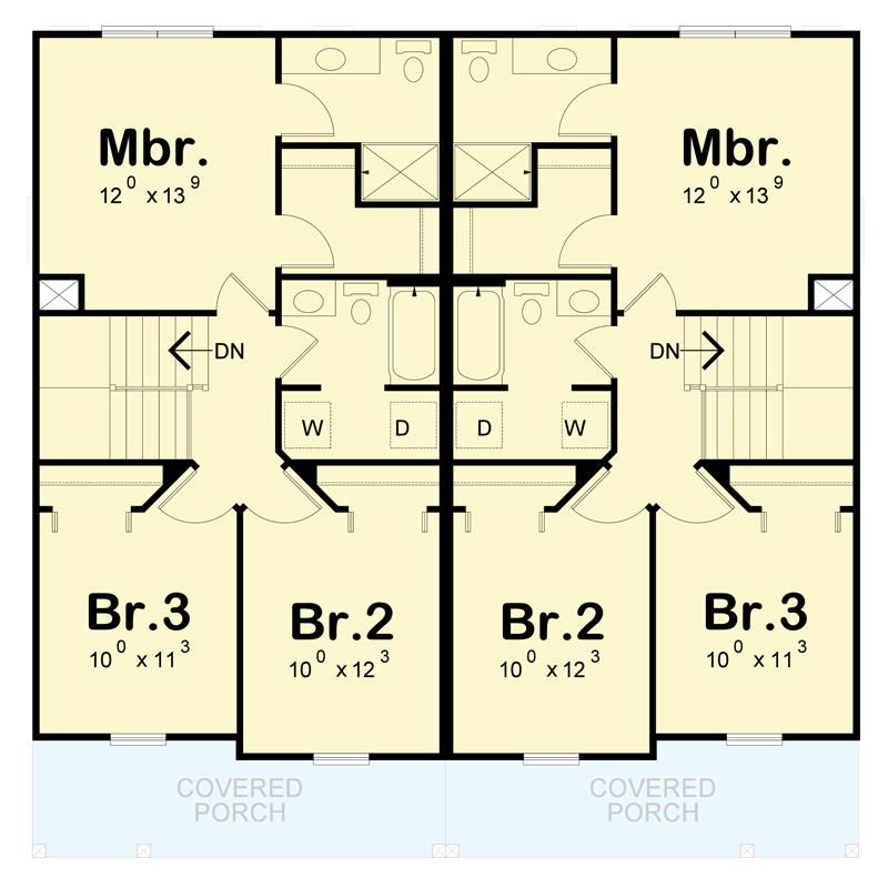 Plan 42753DB: Modern Farmhouse Duplex House Plan with 3 Bed Units and 1434 Sq Ft - Floor Plan -  - Farmhouse, Modern Farmhouse, Traditional