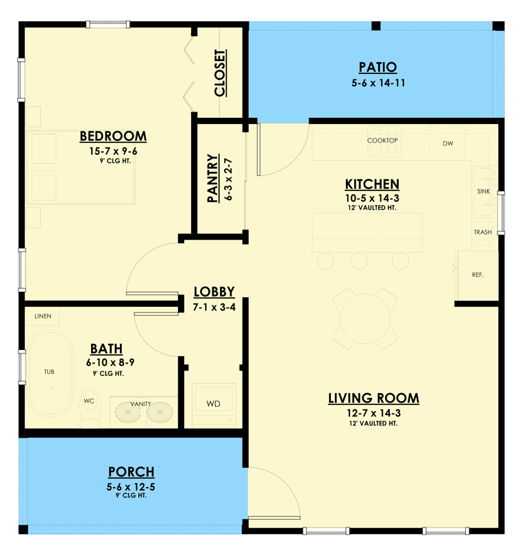 Plan 850037PKE: One-Bedroom Traditional Ranch House Plan with Inviting Porches - Floor Plan - - Ranch, Traditional