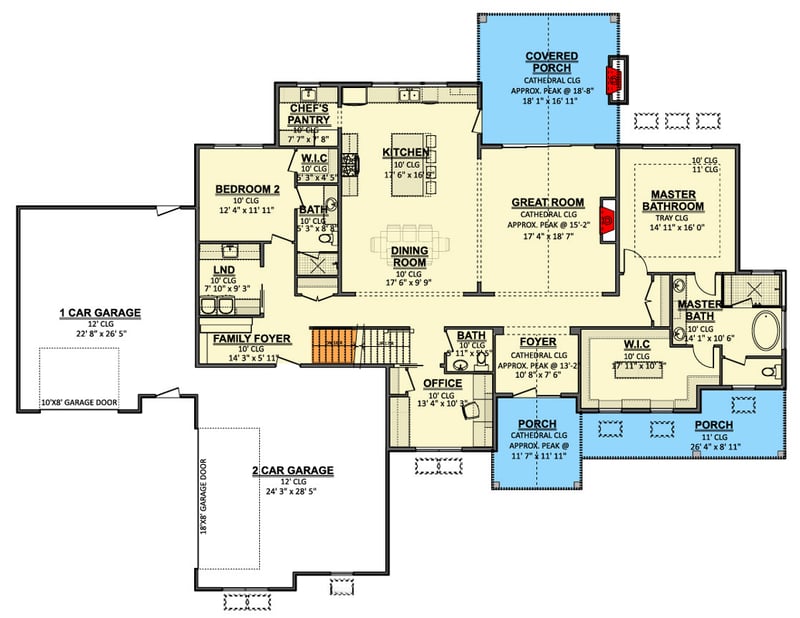 Plan 911071JVD: Modern Farmhouse House Plan with 2 Flexible Bedrooms and 3-Car Garage - Floor Plan - Main Level - Cottage, Country, Modern Farmhouse