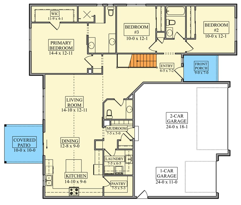 Plan 95363RW: Craftsman Ranch House Plan with 3 Bedrooms and Attached Garage - Floor Plan -  - Craftsman, Ranch
