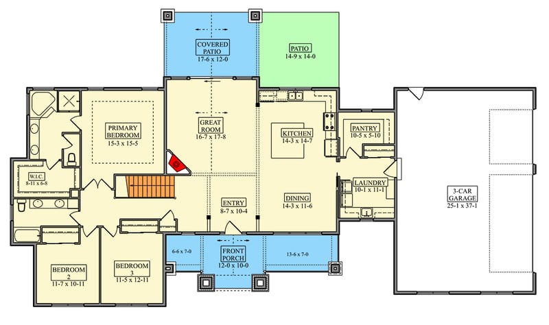 Plan 95373RW: Charming 3-4 Bedroom Ranch House Plan with Ample Living Space - Floor Plan - Main Level - Ranch, Rustic
