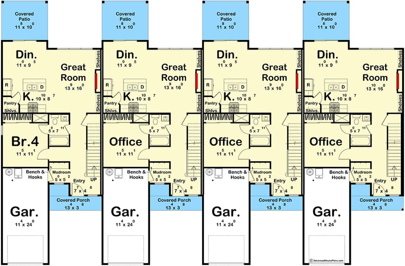 Plan 623648DJ:  Modern Farmhouse Quadplex Plan with 3-4 Bedrooms and Covered Porch - Floor Plan -  - Farmhouse, Modern Farmhouse, Traditional