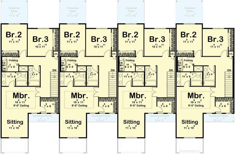 Plan 623648DJ:  Modern Farmhouse Quadplex Plan with 3-4 Bedrooms and Covered Porch - Floor Plan -  - Farmhouse, Modern Farmhouse, Traditional