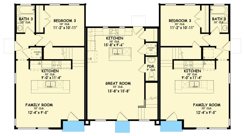Plan 100373GHR: Contemporary Triplex House Plan Featuring Three Distinct Modern Living Units - Floor Plan - Main Level - Contemporary, Modern