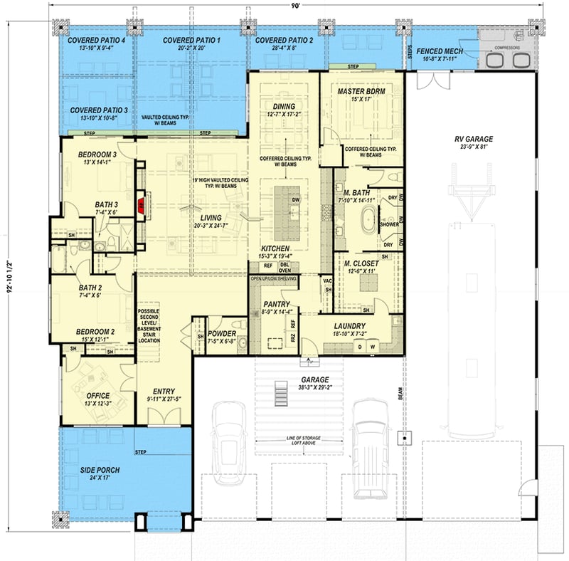 Plan 64570SC: Modern Mountain House Plan with RV Garage and Vaulted Living Room - Floor Plan - - Craftsman, Farmhouse, Modern Farmhouse, Mountain, Rustic