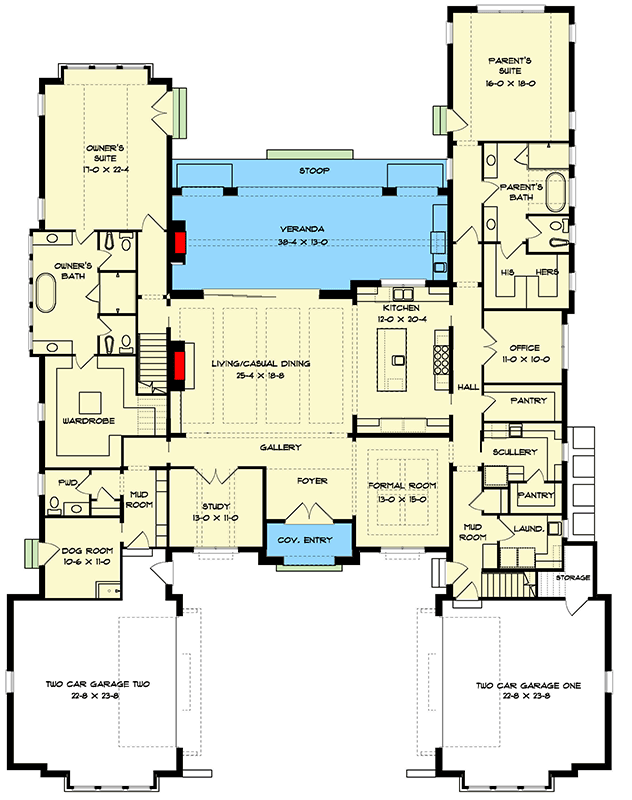 Plan 93235EL: European Transitional Luxury House Plan with Six Bedrooms and Courtyard - Floor Plan -  - European, Transitional