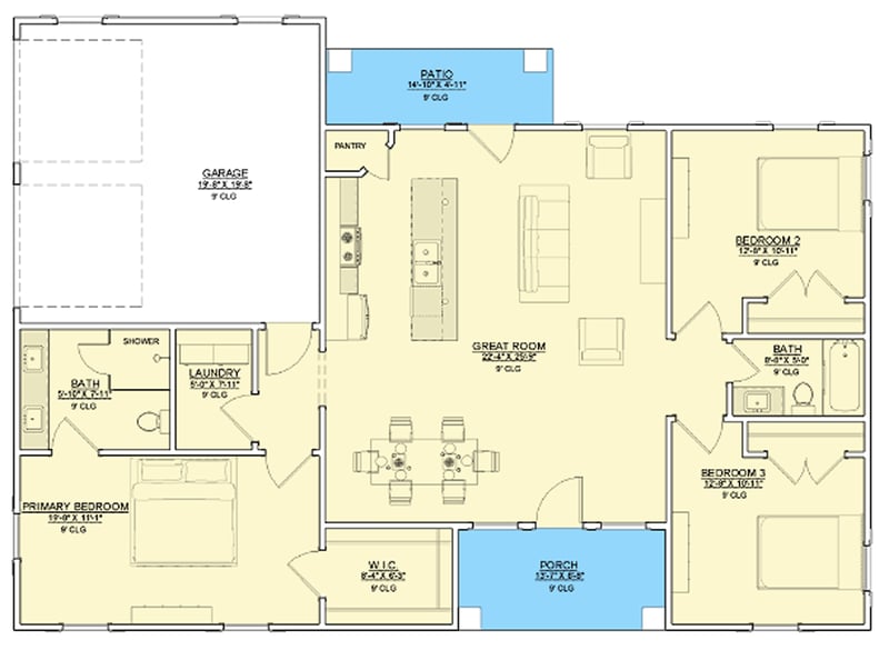 Plan 744529ABR: Three Bedroom Craftsman Ranch House Plan with Side Entry Garage - Floor Plan - - Craftsman, Ranch, Traditional