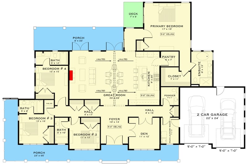 Plan 147070RML: Modern Farmhouse House Plan with 4 Bedrooms and Expansive Porches - Floor Plan - - Country, Craftsman, Farmhouse, Modern Farmhouse