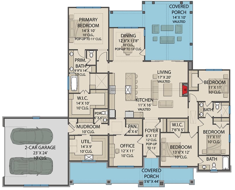Plan 25454TF: New American House Plan with 4 Bedrooms and Split Bedroom Layout - Floor Plan -  - Modern Farmhouse, New American