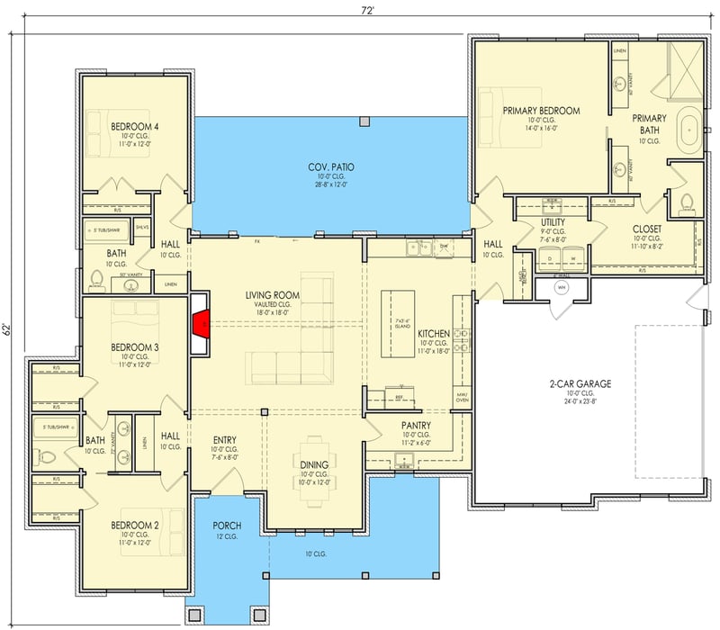 Plan 880001HLN: Modern Transitional Farmhouse House Plan with 4 Bedrooms and Side Entry Garage - Floor Plan -  - Country, Modern Farmhouse, New American, Rustic, Transitional