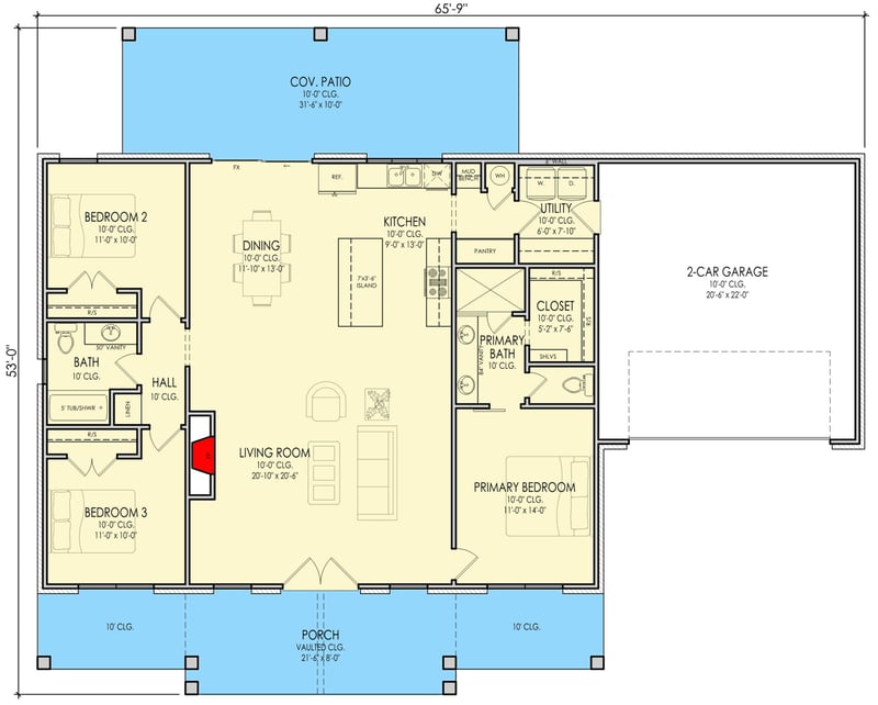 Plan 880002HLN: Modern Farmhouse House Plan with Three Bedrooms and Expansive Porches - Floor Plan -  - Cottage, Country, Craftsman, Modern Farmhouse, Rustic, Transitional