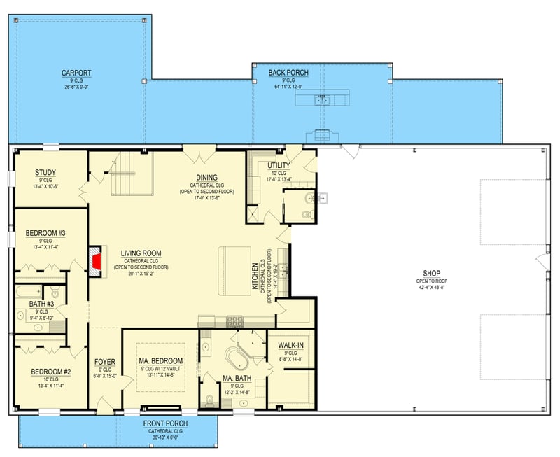 Plan 170022ADS: Spacious Three Bedroom Barndominium House Plan with Massive Workshop Space - Floor Plan - Main Level - Barndominium, Modern Farmhouse